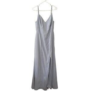 Dessy Collections light blue v-neck spaghetti straps maxi dress side slit formal